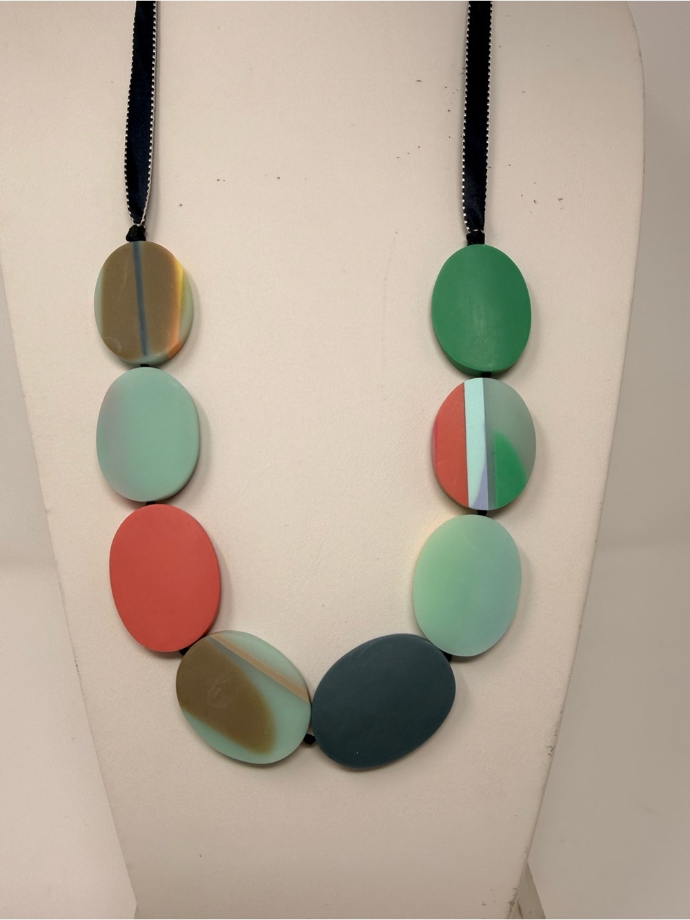 Multi-Color Oval Statement Necklace - Green, Coral, Teal